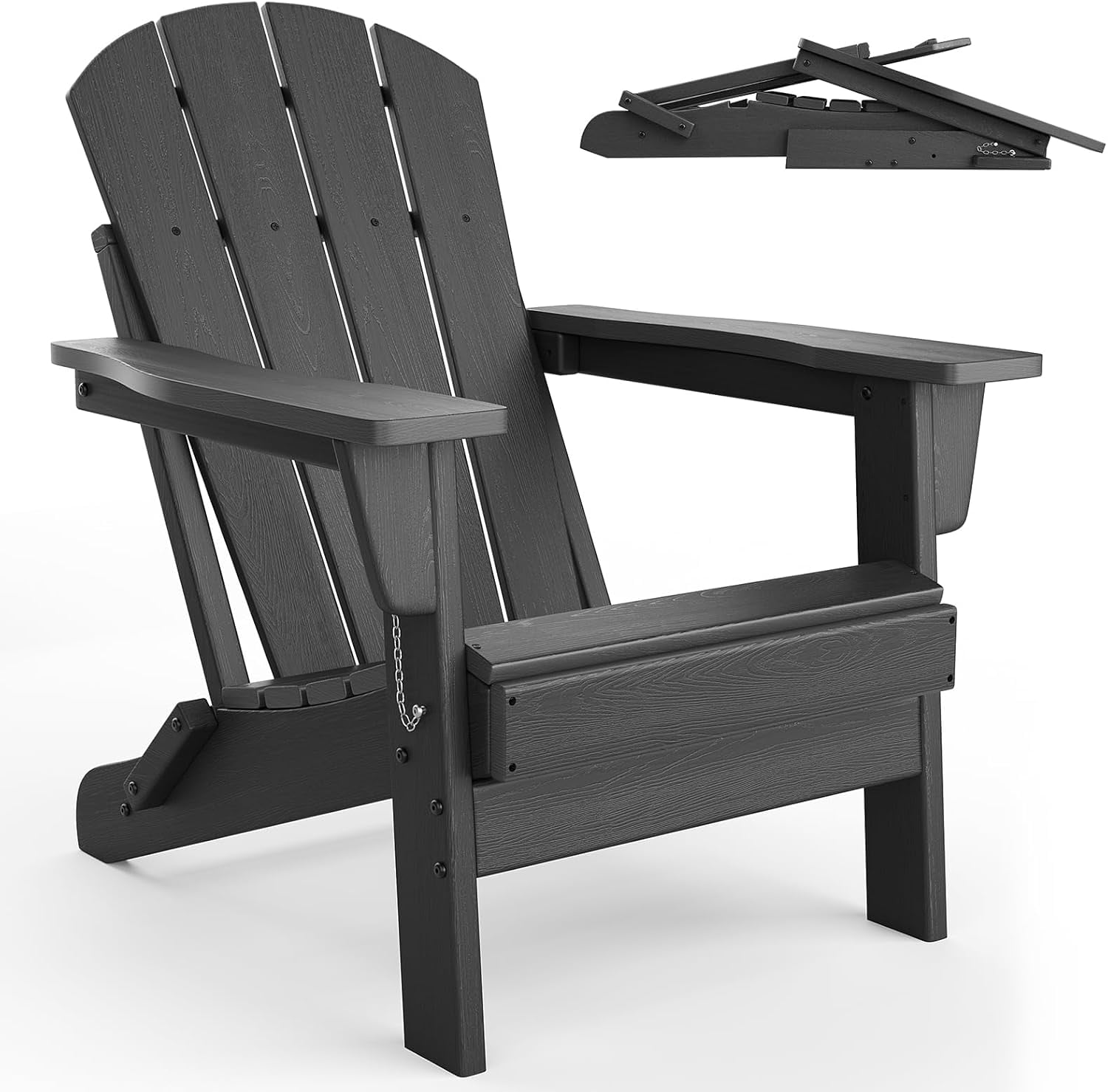 Folding Adirondack Chairs, HDPE Plastic Outdoor Chairs with Wood Texture 380Lbs & Weather Resistant for Fire Pit, Deck, Patio, Pool, Backyard Black