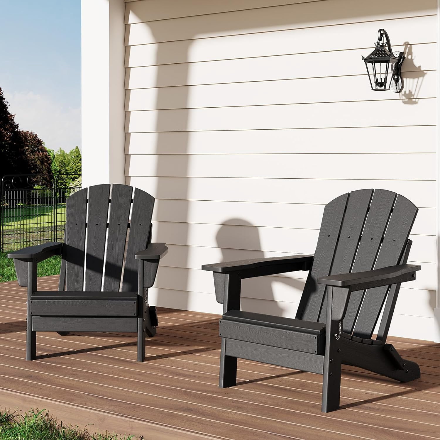 Folding Adirondack Chairs Set of 2, HDPE Plastic Outdoor Chairs with Wood Texture 380 LBS & Weather Resistant for Fire Pit, Deck, Patio, Pool, Backyard Black