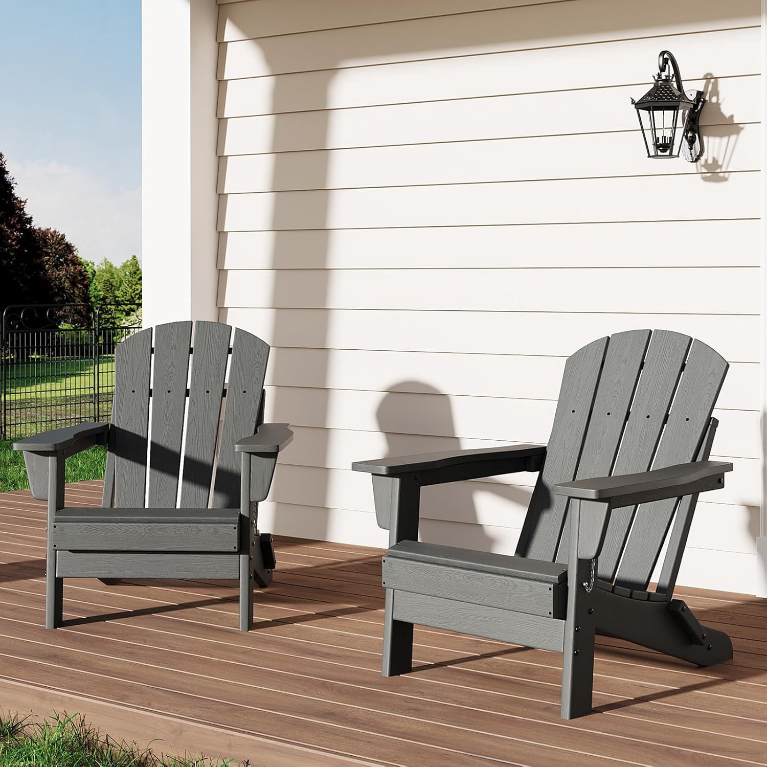 Folding Adirondack Chairs Set of 2, HDPE Plastic Outdoor Chairs with Wood Texture 380 LBS & Weather Resistant for Fire Pit, Deck, Patio, Pool, Backyard Gray