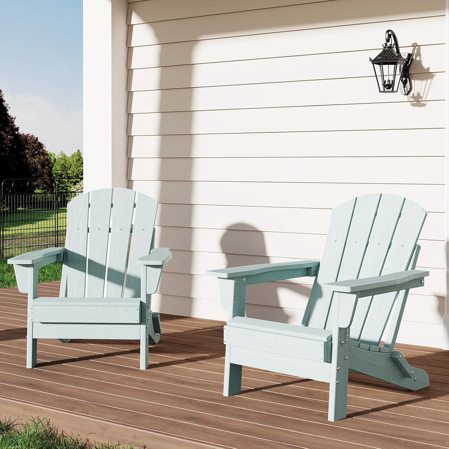 Folding Adirondack Chairs Set of 2, HDPE Plastic Outdoor Chairs with Wood Texture 380 LBS & Weather Resistant for Fire Pit, Deck, Patio, Pool, Backyard Light Blue