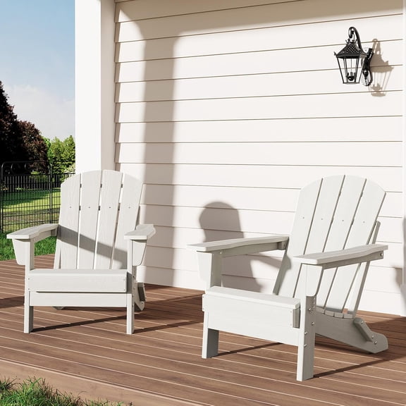 Folding Adirondack Chairs Set of 2, HDPE Plastic Outdoor Chairs with Wood Texture 380 LBS & Weather Resistant for Fire Pit, Deck, Patio, Pool, Backyard White