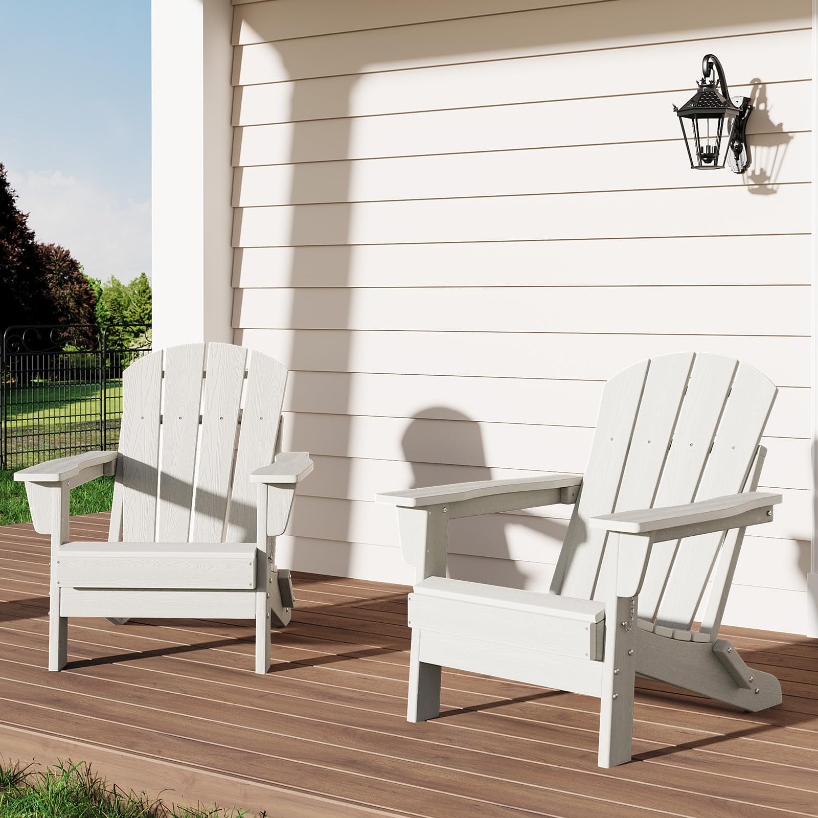 Folding Adirondack Chairs Set of 2, HDPE Plastic Outdoor Chairs with Wood Texture - 380 LBS & Weather Resistant for Fire Pit, Deck, Patio, Pool, Backyard - White