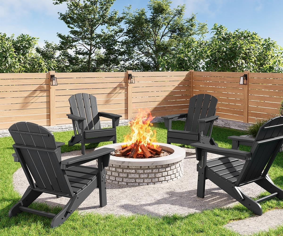 Folding Adirondack Chairs Set of 4, HDPE Plastic Outdoor Chairs with Wood Texture 380 LBS & Weather Resistant for Fire Pit, Deck, Patio, Pool, Backyard Black