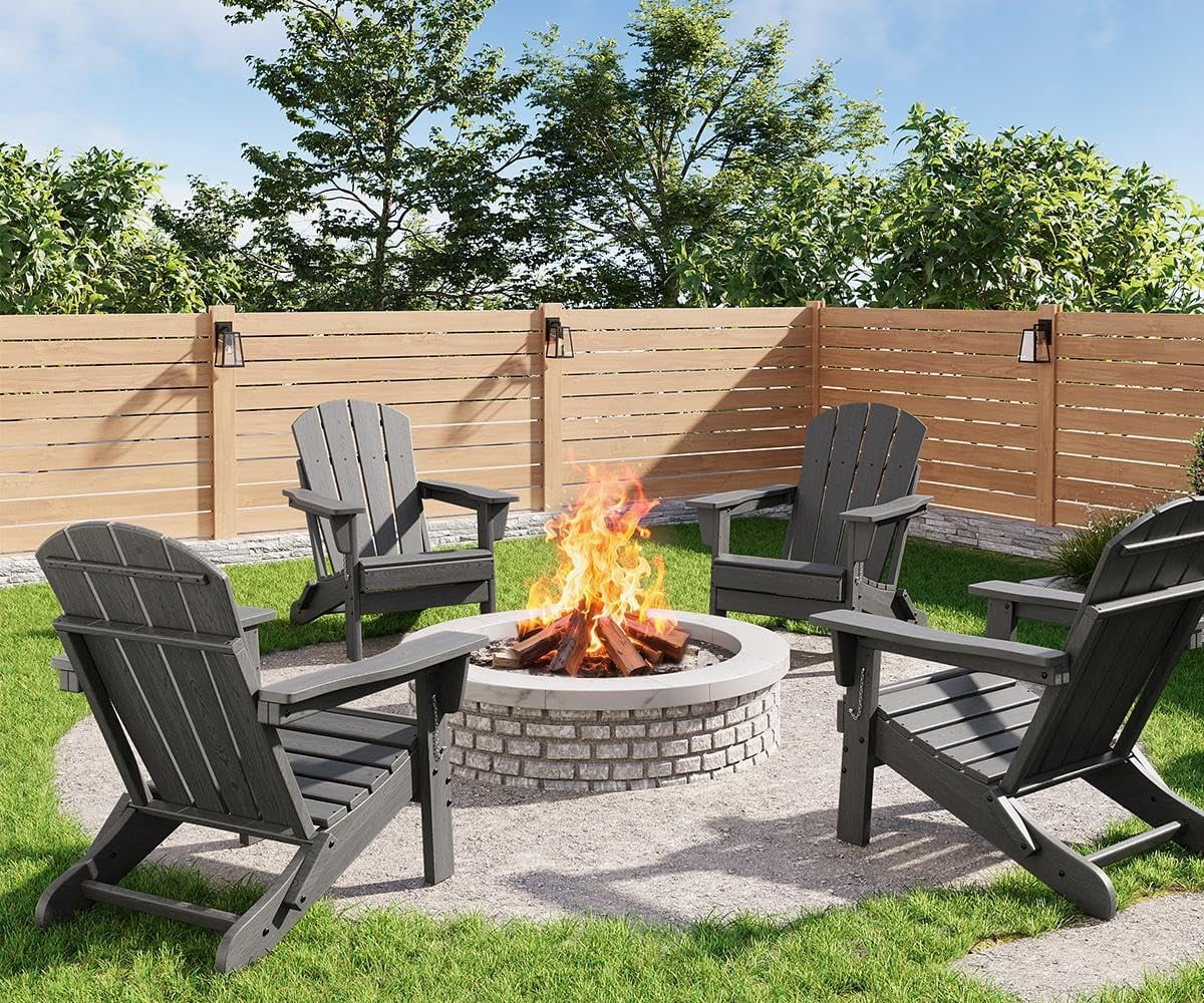 Folding Adirondack Chairs Set of 4, HDPE Plastic Outdoor Chairs with Wood Texture 380 LBS & Weather Resistant for Fire Pit, Deck, Patio, Pool, Backyard Gray