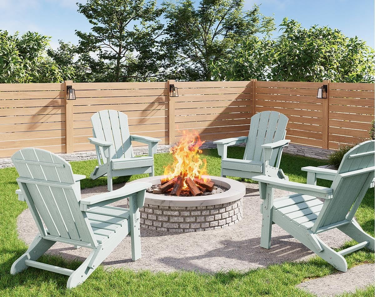 Folding Adirondack Chairs Set of 4, HDPE Plastic Outdoor Chairs with Wood Texture 380 LBS & Weather Resistant for Fire Pit, Deck, Patio, Pool, Backyard Light Blue