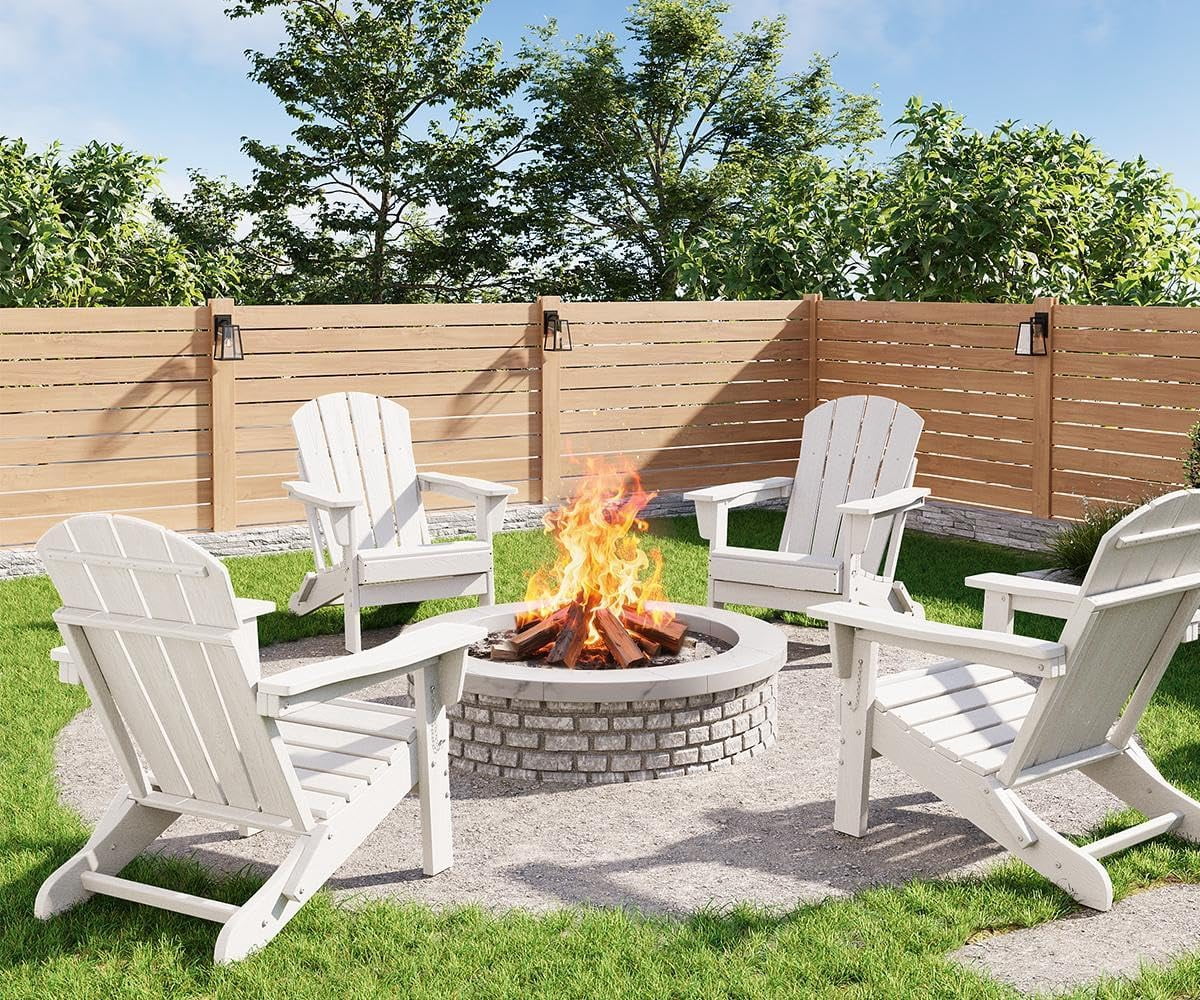 Folding Adirondack Chairs Set of 4, HDPE Plastic Outdoor Chairs with Wood Texture 380 LBS & Weather Resistant for Fire Pit, Deck, Patio, Pool, Backyard White