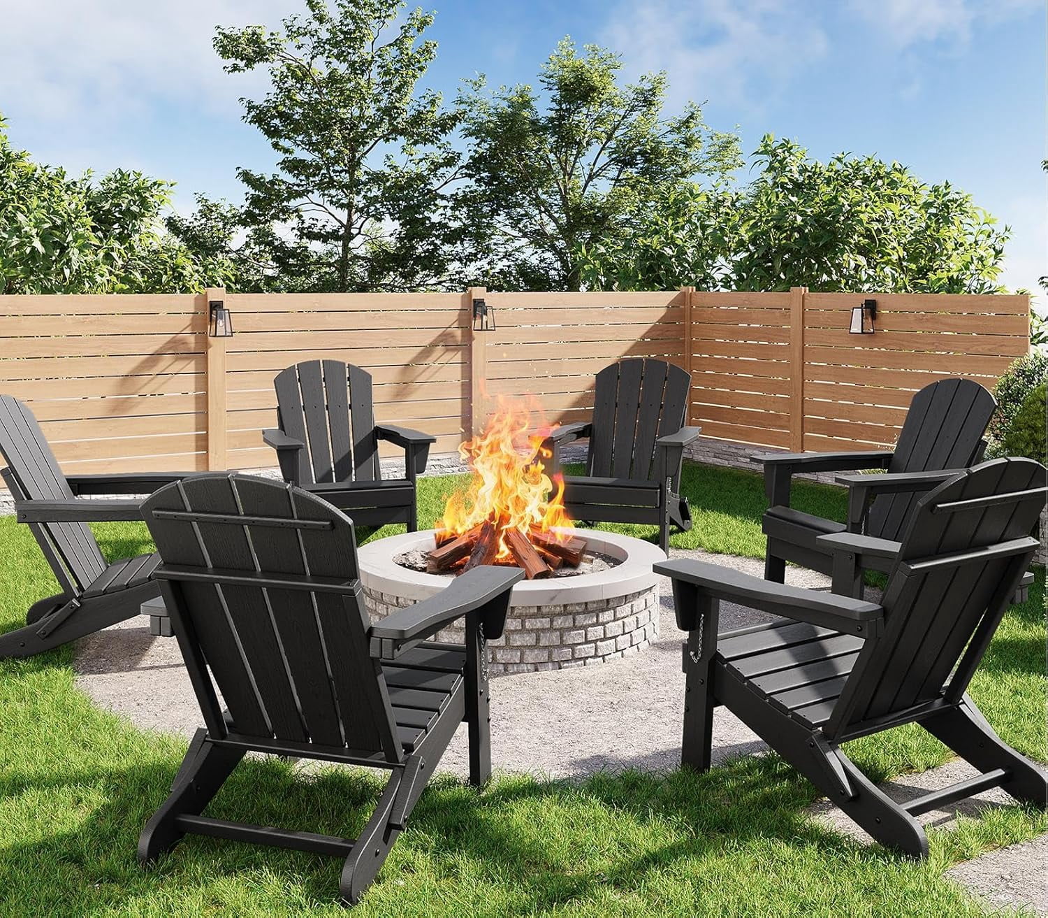 Folding Adirondack Chairs Set of 6, HDPE Plastic Outdoor Chairs with Wood Texture 380 LBS & Weather Resistant for Fire Pit, Deck, Patio, Pool, Backyard Black