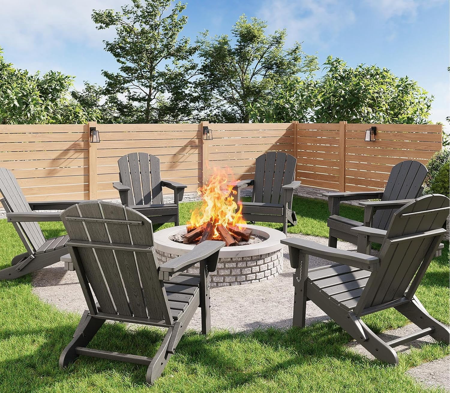 Folding Adirondack Chairs Set of 6, HDPE Plastic Outdoor Chairs with Wood Texture 380 LBS & Weather Resistant for Fire Pit, Deck, Patio, Pool, Backyard Gray