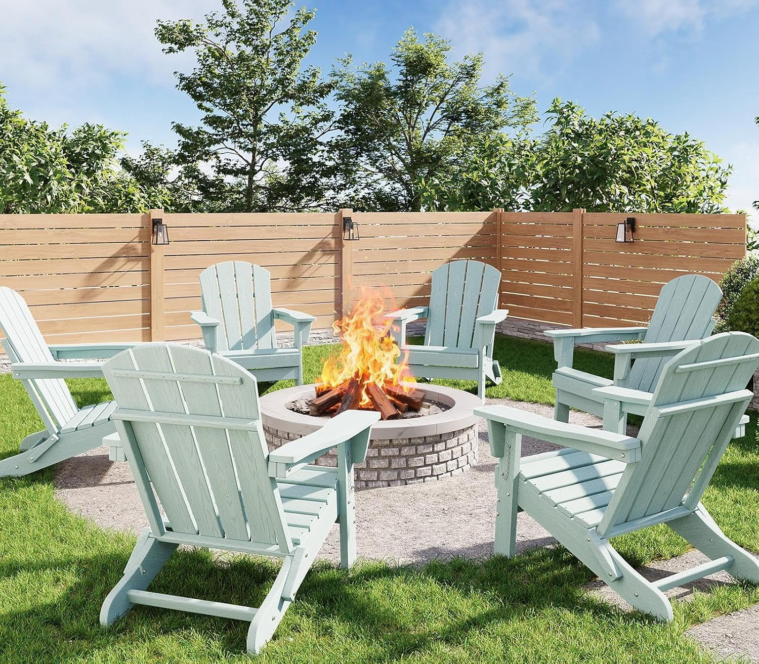 Folding Adirondack Chairs Set of 6, HDPE Plastic Outdoor Chairs with Wood Texture 380 LBS & Weather Resistant for Fire Pit, Deck, Patio, Pool, Backyard Light Blue