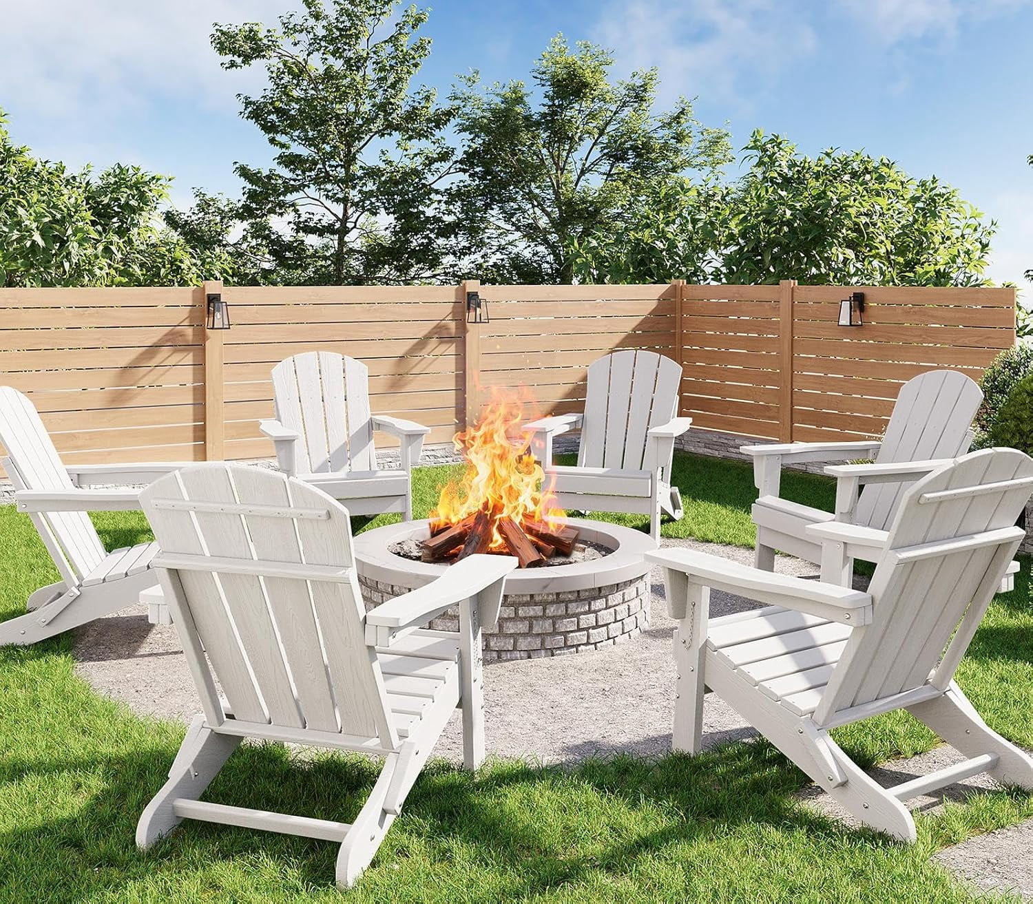Folding Adirondack Chairs Set of 6, HDPE Plastic Outdoor Chairs with Wood Texture 380 LBS & Weather Resistant for Fire Pit, Deck, Patio, Pool, Backyard White