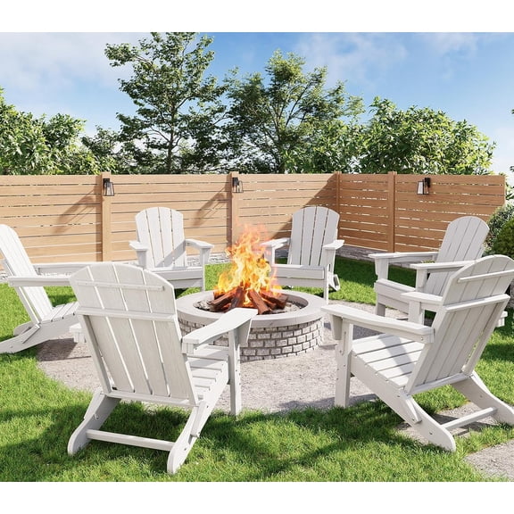 Folding Adirondack Chairs Set of 6, HDPE Plastic Outdoor Chairs with Wood Texture 380 LBS & Weather Resistant for Fire Pit, Deck, Patio, Pool, Backyard White