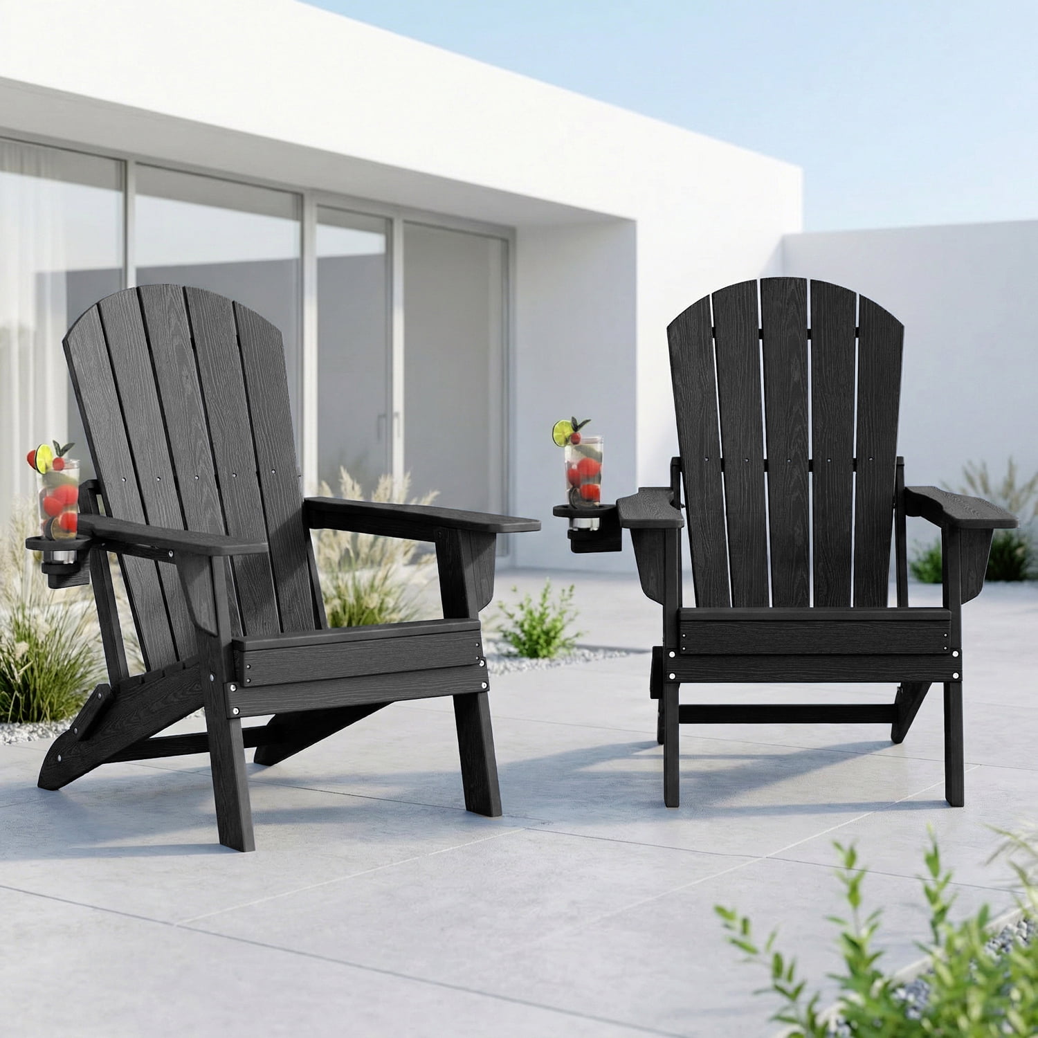 Folding Adirondack Chairs Set of 2 , All-Weather HDPE Patio Chairs, Wood Grain Ergonomic Outdoor Chairs, Black