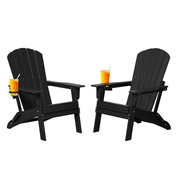 Folding Adirondack Chairs Set of 2 , All-Weather HDPE Patio Chairs, Wood Grain Ergonomic Outdoor Chairs, Black