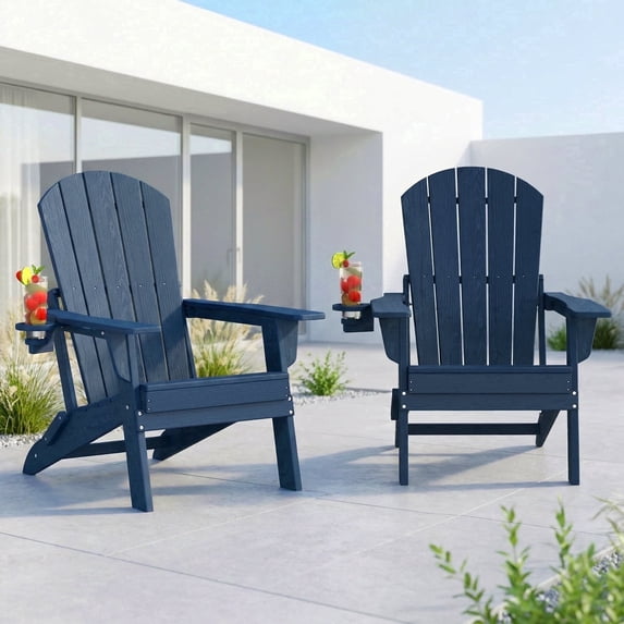 Cobiod Folding Adirondack Chairs Set of 2 With Cup Holder, HDPE All-Weather Patio Chairs, Ergonomic Outdoor Chairs, Navy