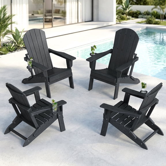 Cobiod Folding Adirondack Chairs with Cup Holder Set of 4, HDPE All-Weather Outdoor Patio Chairs, Wood Grain Design, Black