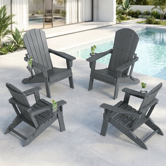 Cobiod Folding Adirondack Chairs With Cup Holder Set of 4, HDPE All-Weather Outdoor Patio Chairs, Wood Grain Design, Grey