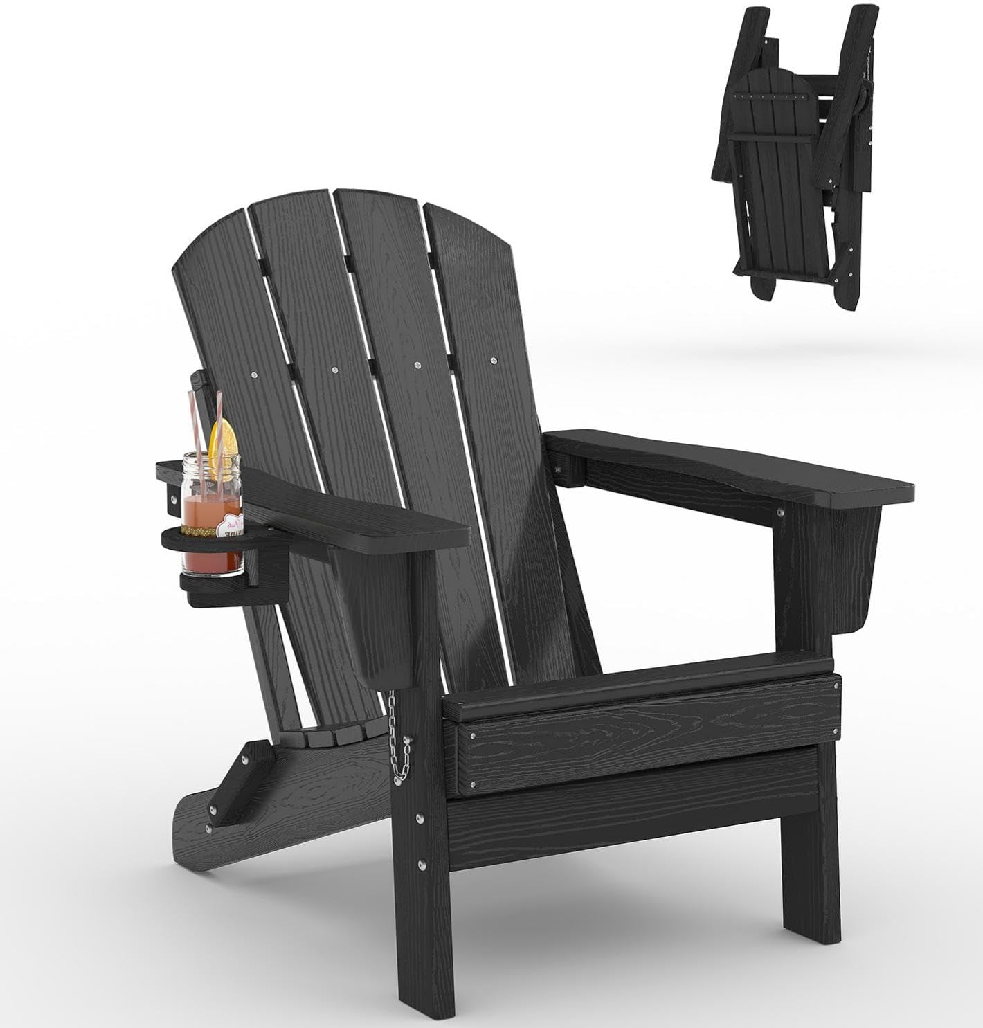 Folding Adirondack Patio Chair, All-Weather HDPE Outdoor Chair with Wooden Texture and Cup Holder, Weather Resistant, Lawn Chair for Garden, Deck, Fire Pit, Navy Blue