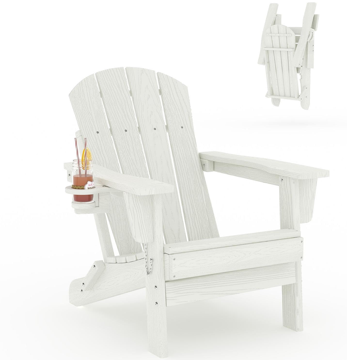 Folding Adirondack Patio Chair, All-Weather HDPE Outdoor Chair with Wooden Texture and Cup Holder, Weather Resistant, Lawn Chair for Garden, Deck, Fire Pit, Navy Blue