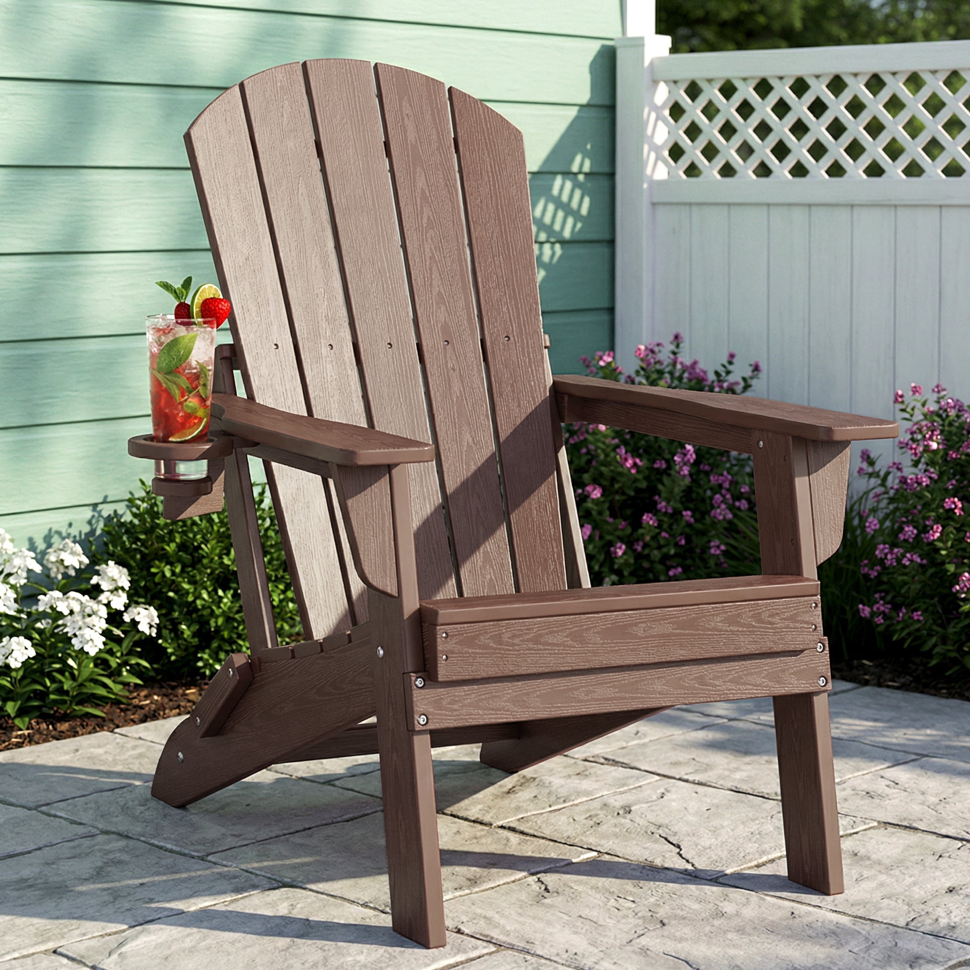 Cobiod Folding Adirondack Patio Chair with Cup Holder, HDPE All-Weather Outdoor Lounge Chair, Wood Grain Ergonomic Design, Coffee