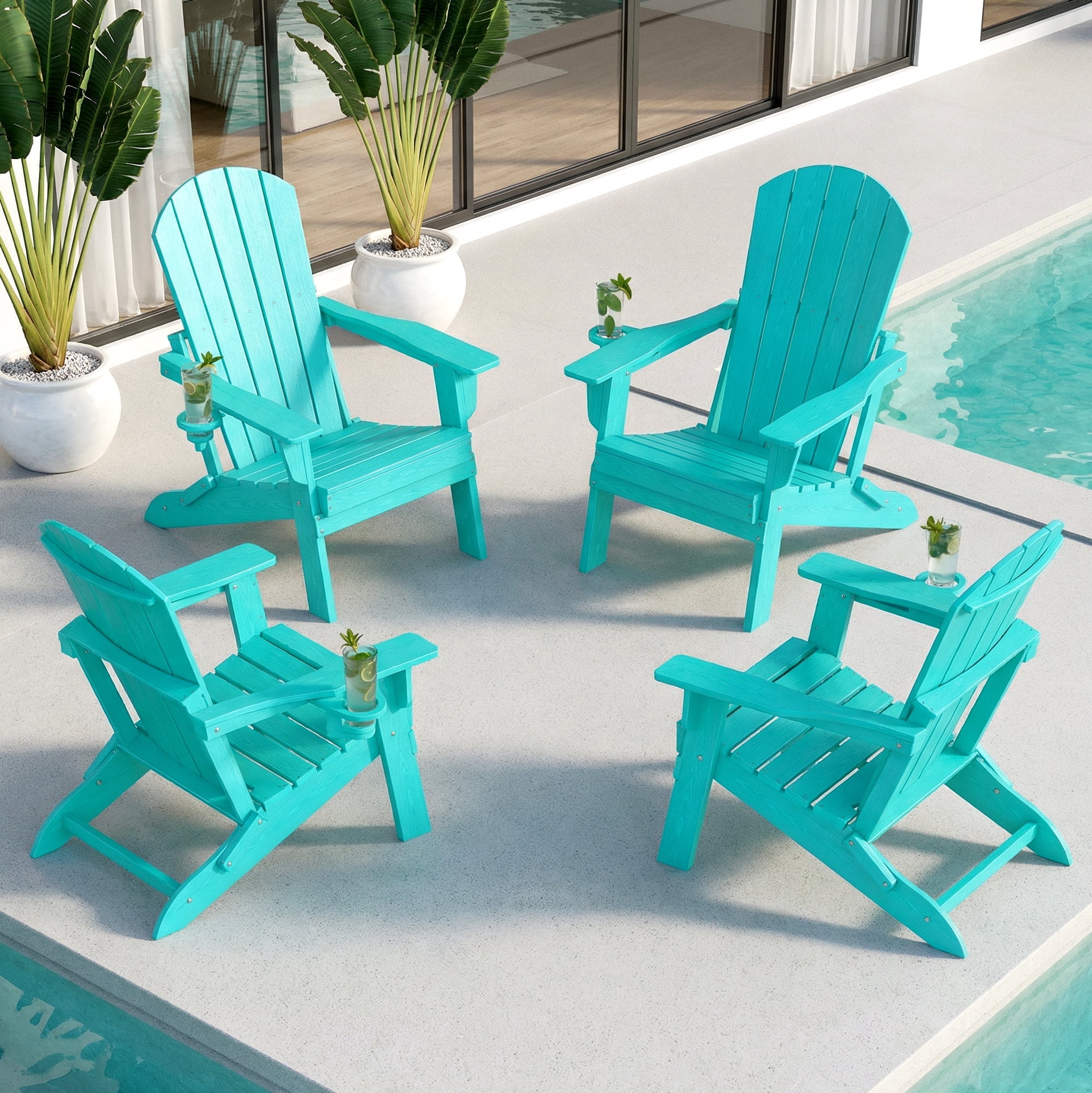Cobiod Folding Adirondack Patio Chairs With Cup Holder Set of 4, HDPE All-Weather Lounge Chairs for Backyard & Poolside, Aruba
