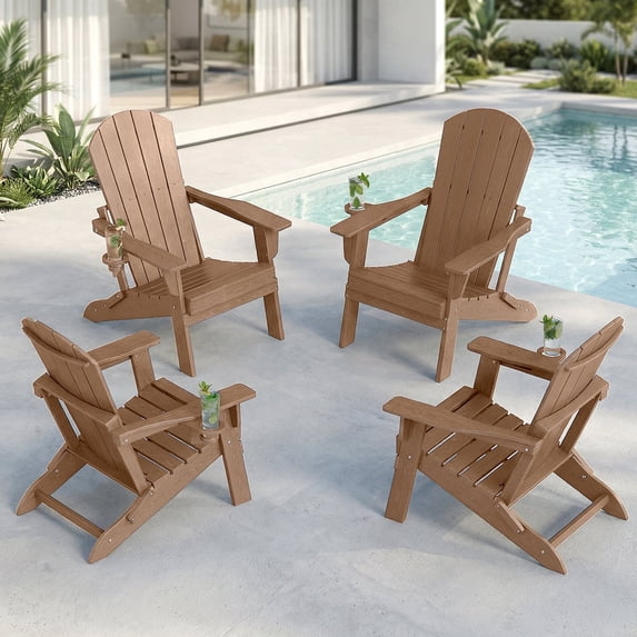 Cobiod Folding Adirondack Patio Chairs Set of 4 With Cup Holder, HDPE All-Weather Lounge Chairs for Backyard & Poolside, Teak