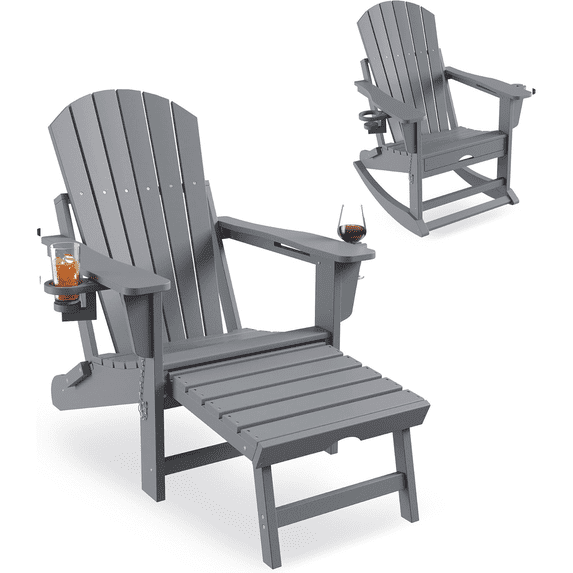 Folding Adirondack Rocking Chair with Retractable Ottoman and Cup Holders,HDPE All Weather Outdoor Adirondack Chair for Porch, Patio, Balcony,Poolside