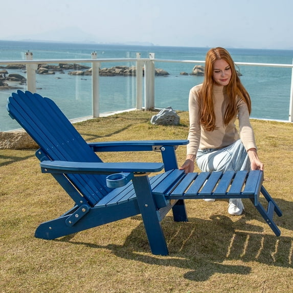 Folding Adirondack Chair with Retractable Ottoman, Adjustable Adirondack Chair with 2 Cup Holders, Outdoor Chairs for Porch Patio Lawn Balcony