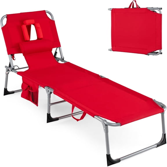 Folding Adjustable Patio Lounger with Face Hole, 4-Position Recline, 330 Lb Capacity, Removable Cushion, Carry Strap, Portable Outdoor Sunbathing Chair (1, Red)