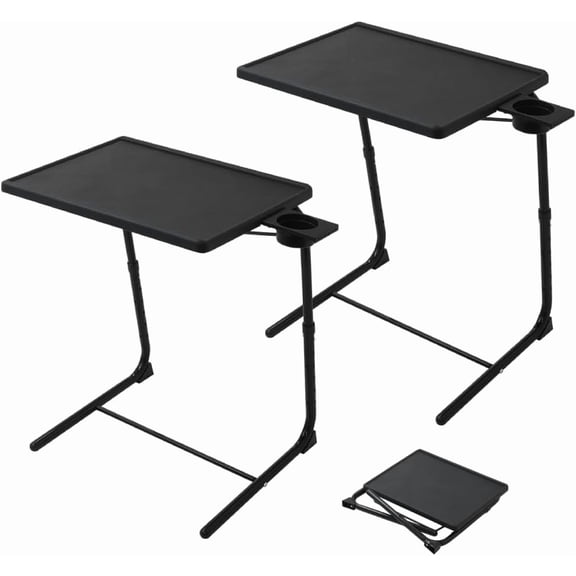Folding Adjustable TV for Bed or Sofa with Cup Holder, 6 Height & 3 Angle Settings (Black, 2 pcs)