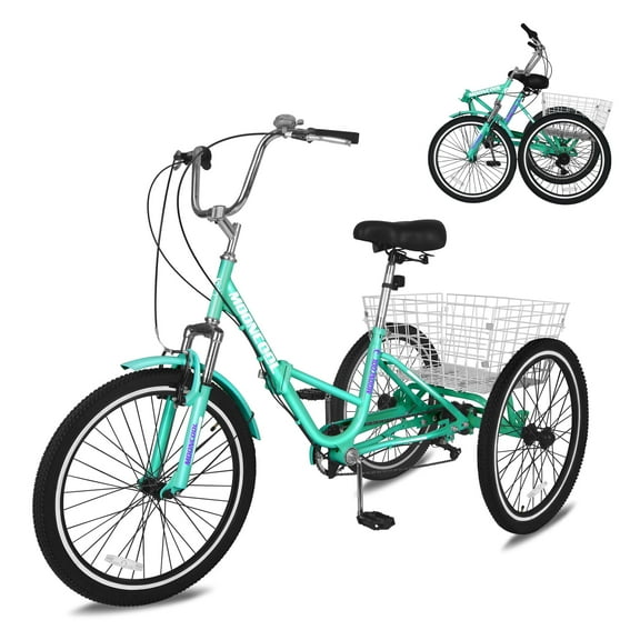 Folding Adults Tricycles, 24/26in Foldable Trike, 7 Speed 2-Wall Wheel Rims, Large Basket for Shopping Picnics Exercise Outdoor Sports Men Women