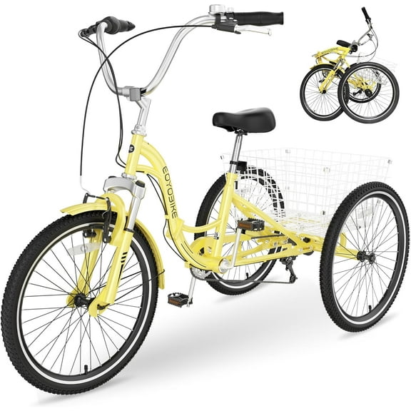 MOPHOTO Adult Folding Tricycles,7 Speed Folding Adult Trikes,26 Inch Buttery Yellow 3 Wheel Bikes with Low Step-Through,Foldable Tricycle for Adults,Women,Men,Seniors