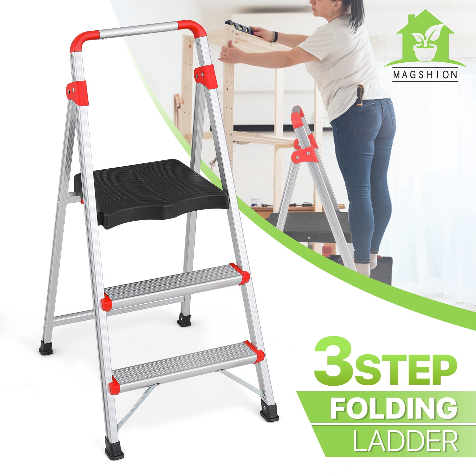 Folding Aluminum 3 Step Ladder[SAFETY BUCKLE LOCK] w/Wide 330lb Anti ...