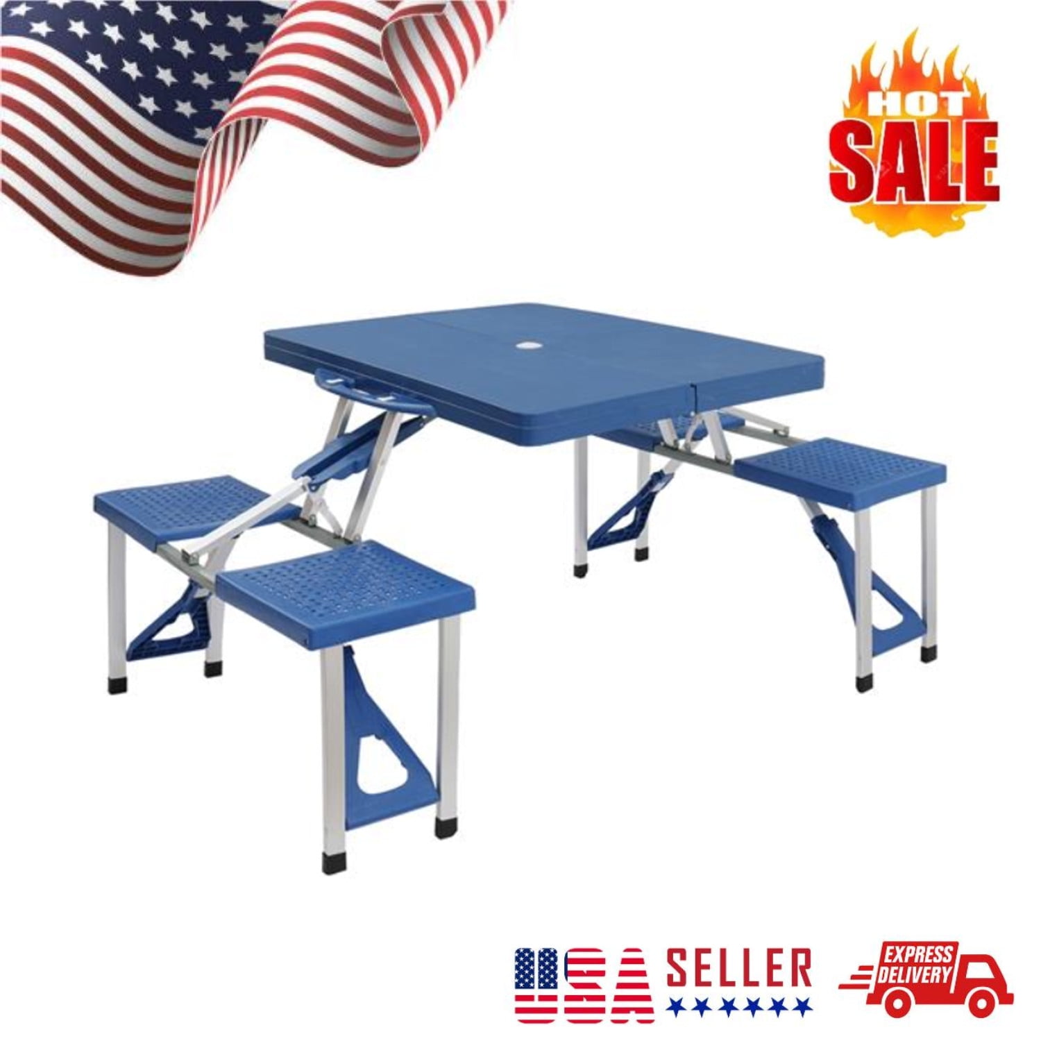 Folding Aluminum Picnic Table Chair Set, 4-Seat Outdoor Furniture with Portable  Suitcase, Umbrella Hole, Handle for Camping Dining BBQ 