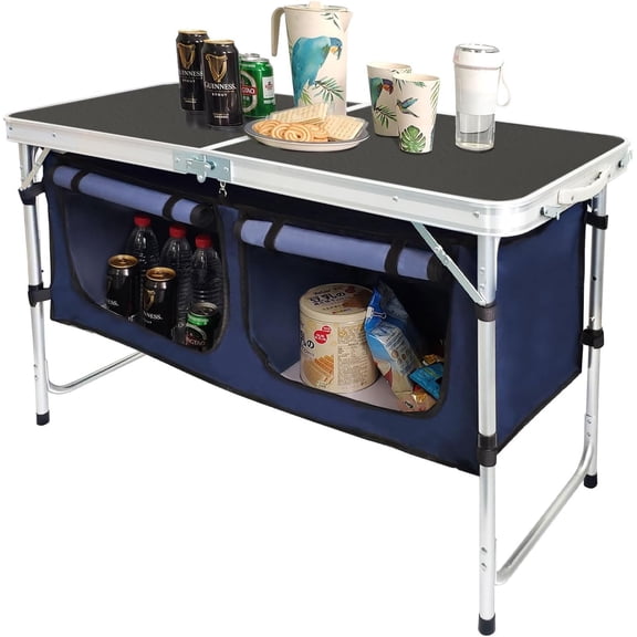 Folding Aluminum Table Height Adjustable with Storage Organizer for Outdoor Use