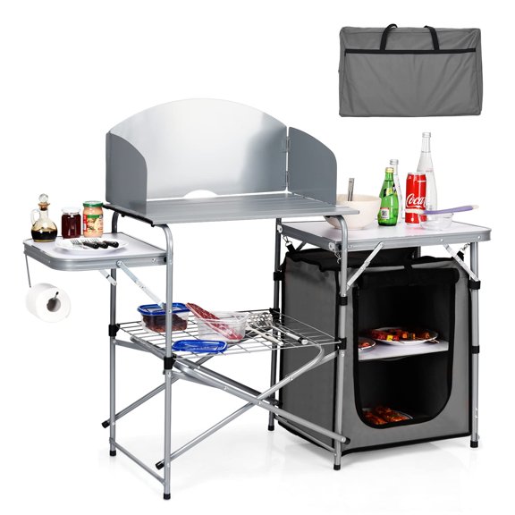 Folding BBQ Grill Table with Windscreen and Carry Bag, Portable Outdoor Cooking Table for Camping