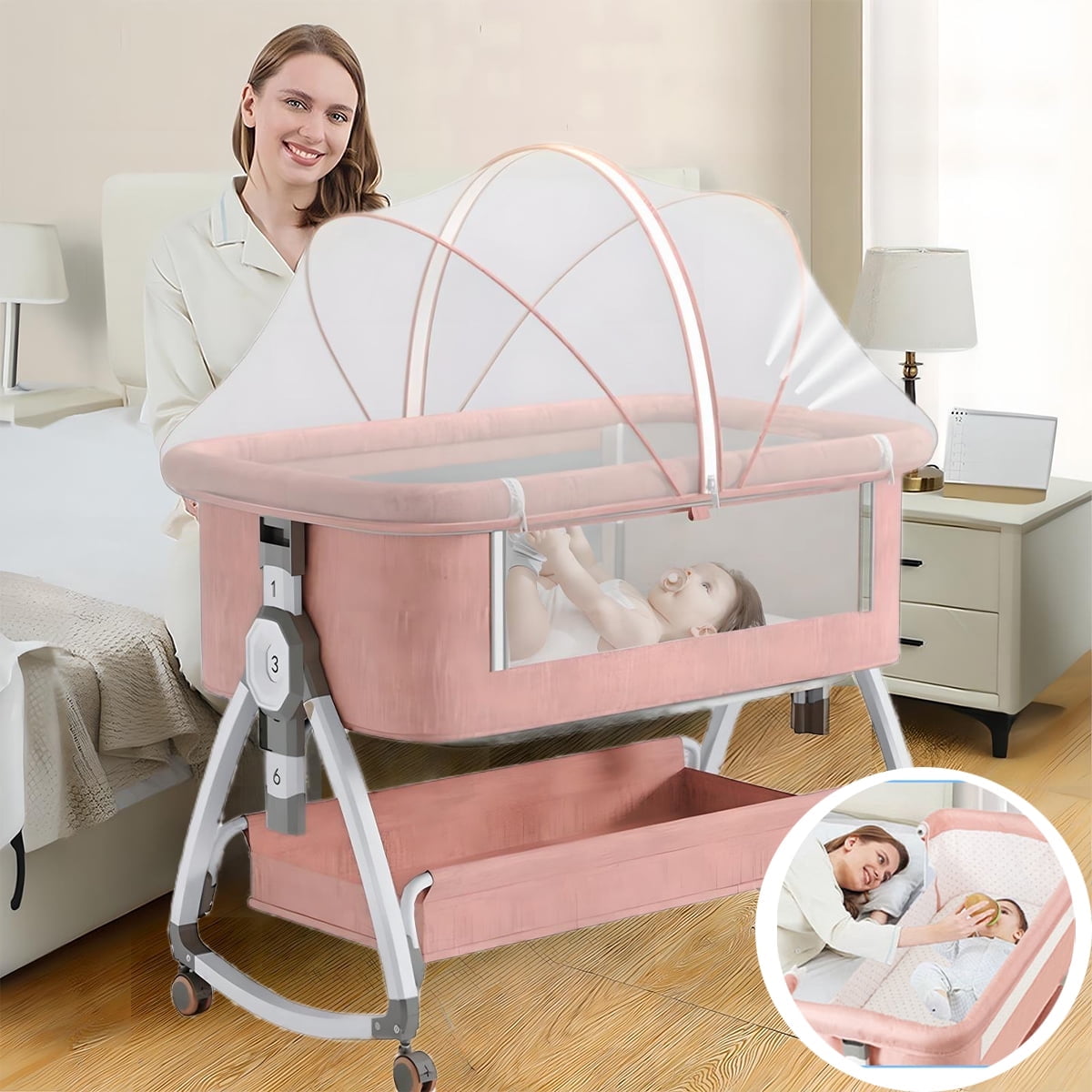 EONROACOO Folding Baby Bassinet, 6-Height Adjustable Bedside