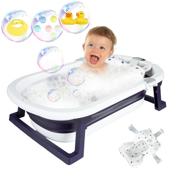 Folding Baby Bathtub, Portable Infant Travel Bath Tub Washing Tub, Infant Shower Basin with Anti-Skid Pad, Unisex, Blue+Floating Pad