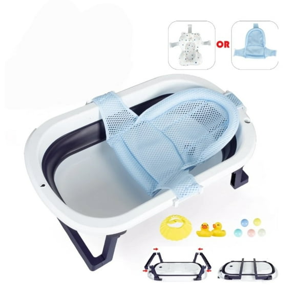 Folding Baby Bathtub, Travel Portable Newborn, with Cushion+ Bath Cap+ Thermometer+ Floatation Toy, Blue
