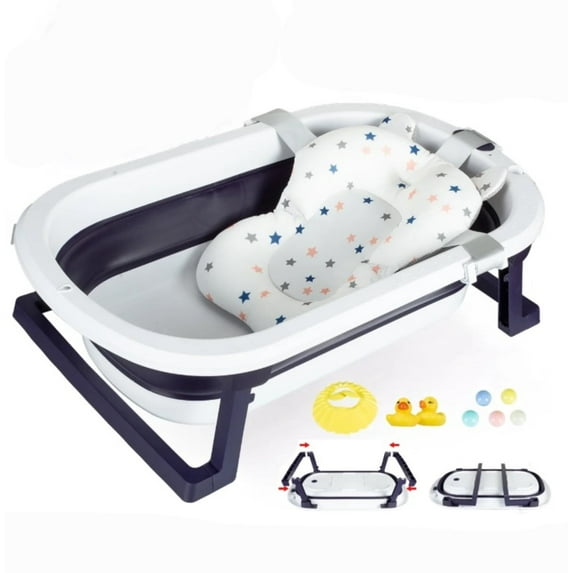 Folding Baby Bathtub, Travel Portable Newborn, with Cushion+ Bath Cap+ Thermometer+ Floatation Toy, Blue