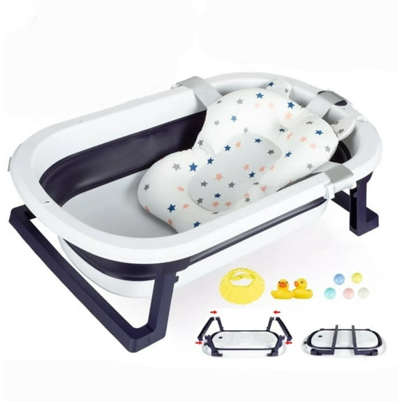 Folding Baby Bathtub, Travel Portable Newborn, with Cushion+ Bath Cap+ Thermometer+ Floatation Toy, Blue