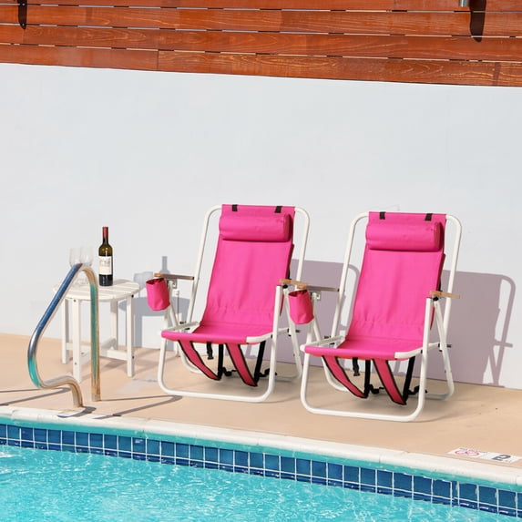 Folding Backpack Beach Chair Set of 2, 4 Positions Lay Flat Beach Chairs with Cup Holder& Storage Back Pouch& Backpack Straps& Adjustable Headrest for Sunbathing, Pool, Support 330 LBS, Pink