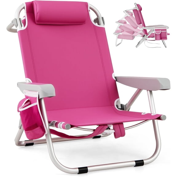 Folding Backpack Beach Chair for Adults with 5-Position Reclining Backrest, Towel Bar, Storage Pockets, Headrest, and Portable Aluminum Frame in Pink