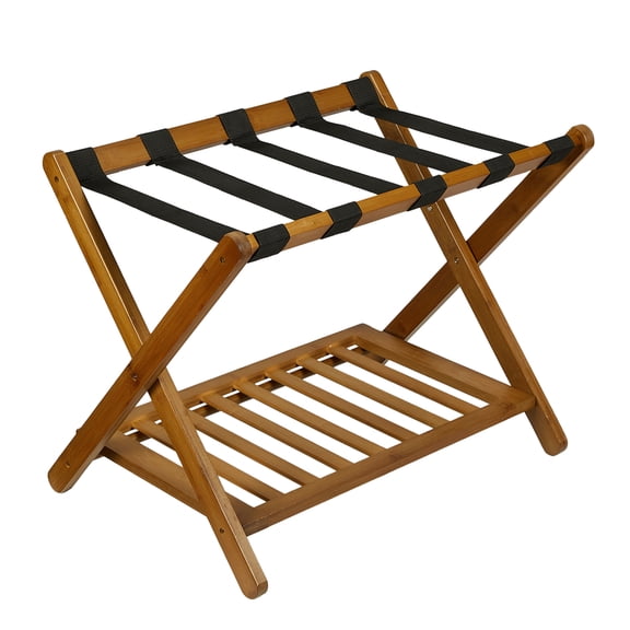 Folding Bamboo Luggage Rack, Heavy-Duty Suitcase Stand with 2-Tier Shelf for Guest Room & Hotel - 150 Lbs Capacity