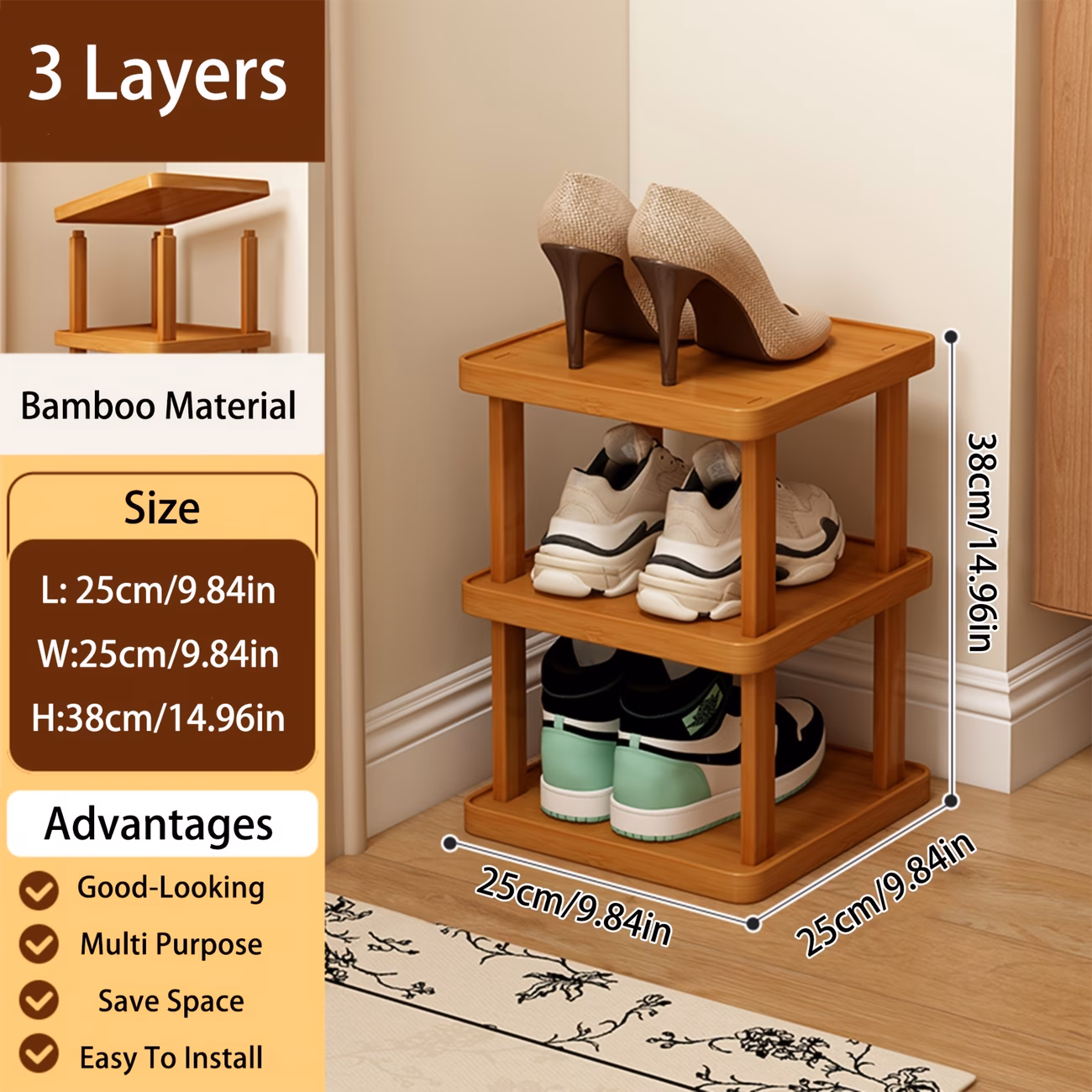 Folding Bamboo Shoe Rack, 3-Tier Multi-Layer Space-Saving Storage Organizer, No Installation Required, Wood Grain Shelf for Entryway, Living Room, Bedroom, Dorm, Brown
