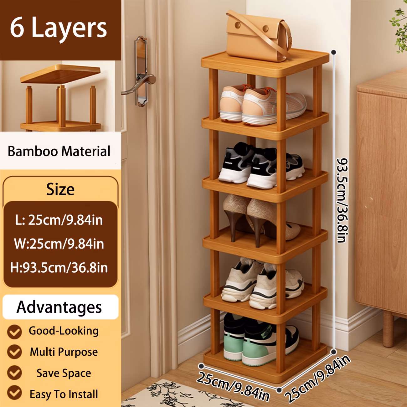 Folding Bamboo Shoe Rack, 6-Tier Multi-Layer Space-Saving Storage Organizer, No Installation Required, Wood Grain Shelf for Entryway, Living Room, Bedroom, Dorm, Brown