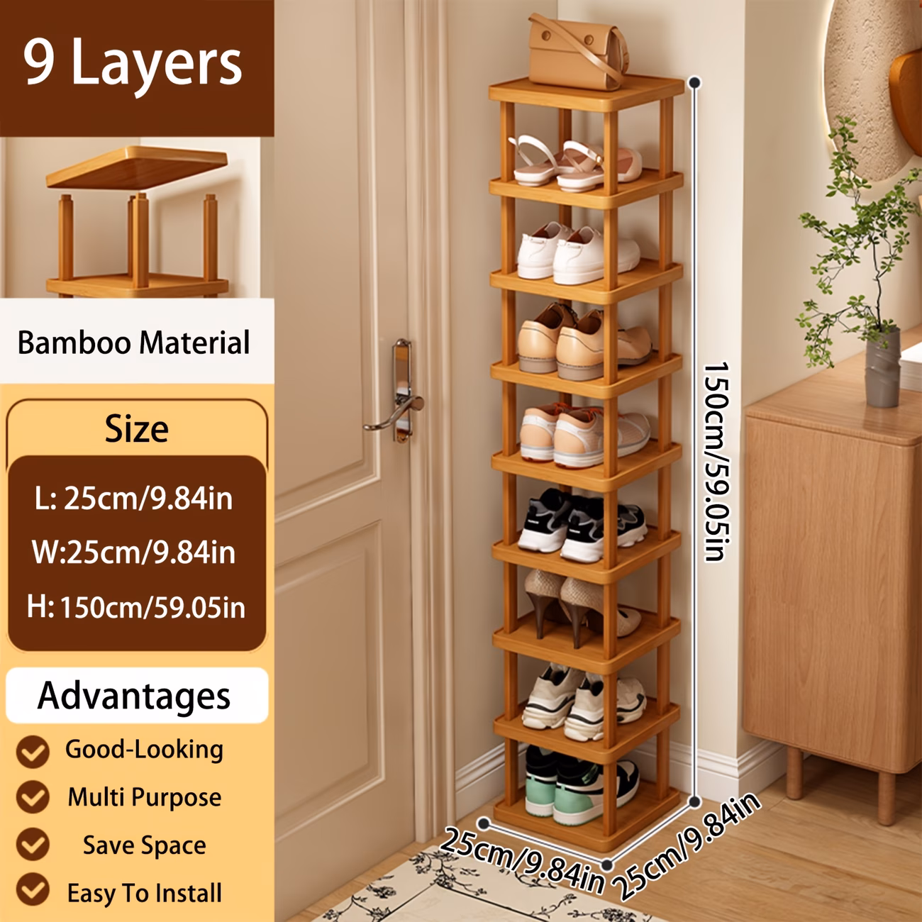 Folding Bamboo Shoe Rack, 9-Tier Multi-Layer Space-Saving Storage Organizer, No Installation Required, Wood Grain Shelf for Entryway, Living Room, Bedroom, Dorm, Brown