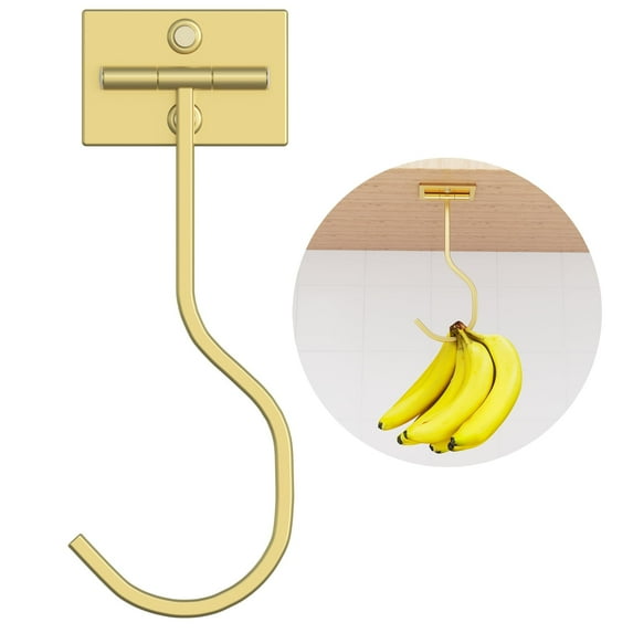 NIFFGAFF 1-Pack Self Adhesive Banana Hook, Metal Banana Hanger Hook,Under Cabinet Hook For Bananas Or Other Kitchen Items, Foldable Banana Hook, Keep Bananas Fresh, Gold