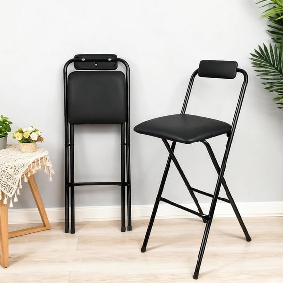 Folding Bar Stool with Back, 1 pcs Tall Foldable Stool Chair Portable Collapsible Stool for Adult Counter Height Seat Leather Padded Kitchen Shop Comfortable Sturdy