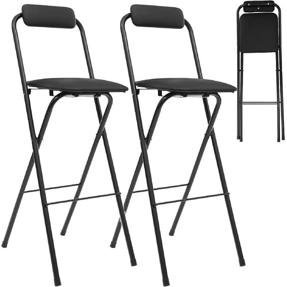 Folding Bar Stool with Backrest, 27.5 Inch PU Padded Counter Height Foldable Stool, Portable Tall Chairs, Folding Stool Tall Bar Stools for Outdoor Camping Kitchen Shop Cafe (2, Black)