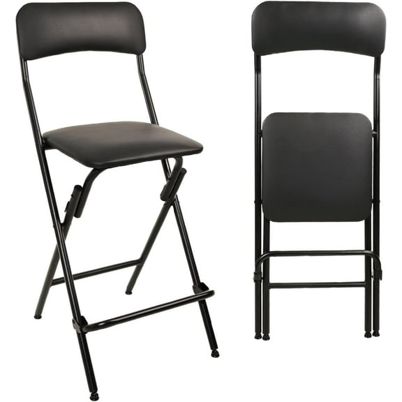 Folding Bar Stool with Backrest Leather Padded Portable Folding Stool Chair Counter Height Foldable Collapsible Stool for Kitchen Bar 2 Pack (Black, 25" H 2Pack)